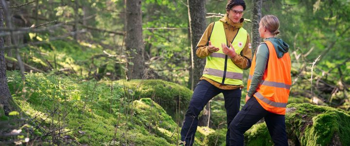 Metsäasiantuntija kertoo metsänomistajalle, kuinka asiakasedut hyödyttävät.